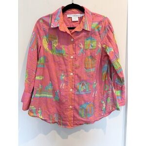 Gretchen Scott Boyfriend Shirt Womens S Palaquin Party Print Pink Button-Up